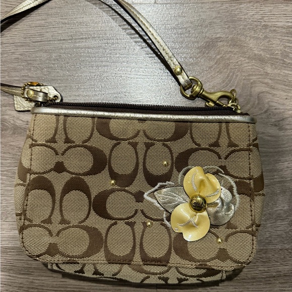 Coach Tan and Gold Floral Wristlet